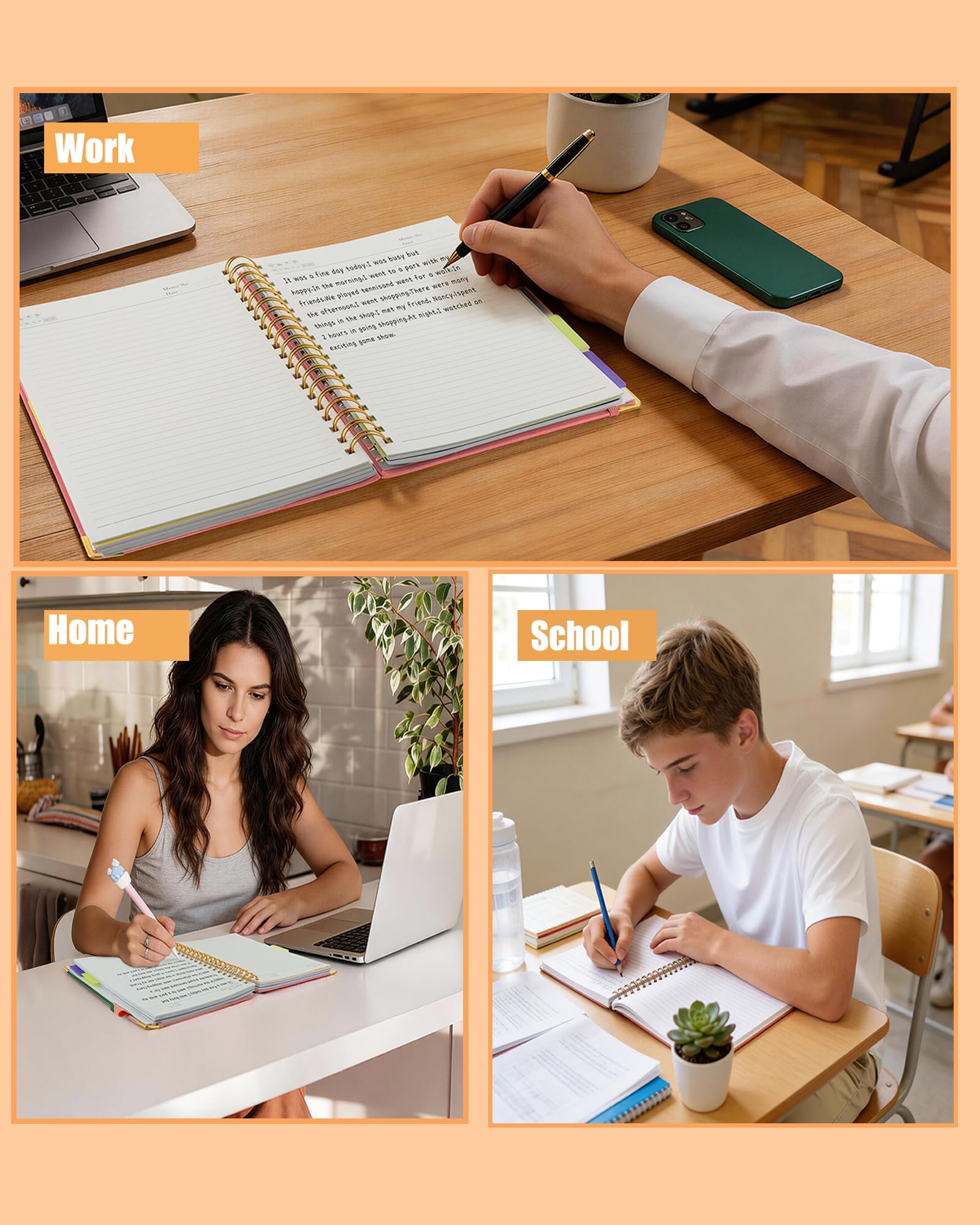 Cuaderno en espiral de tapa dura con pestañas divisoras extraíbles, 5 cuadernos de asignaturas para el trabajo, escuela, 300 páginas de 8 x 10 pulgadas, diario de cuero B5 con rayas