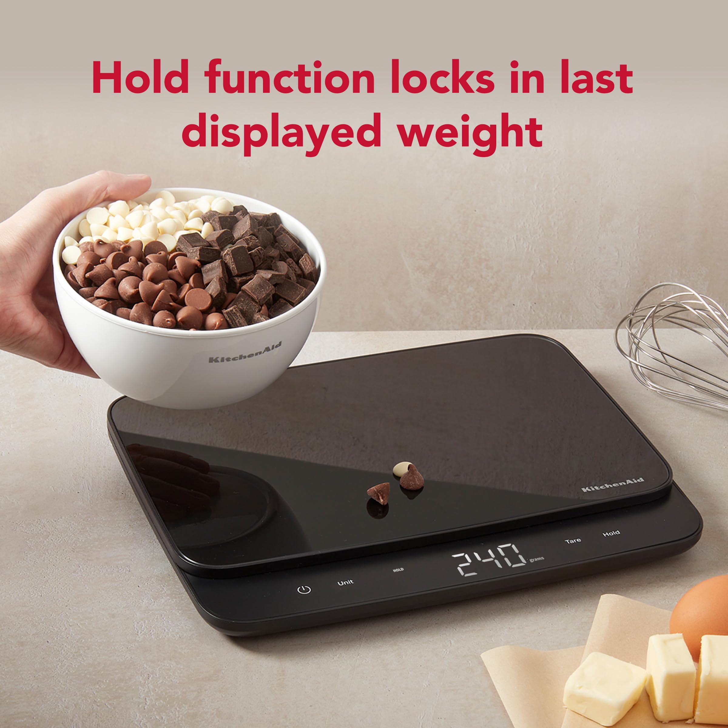 KitchenAid KQ917 - Báscula digital de cocina y alimentos con superficie de vidrio de alta capacidad, capacidad de 30 libras y precisión, gramos, onzas, libras, onzas líquidas y mililitros, LED