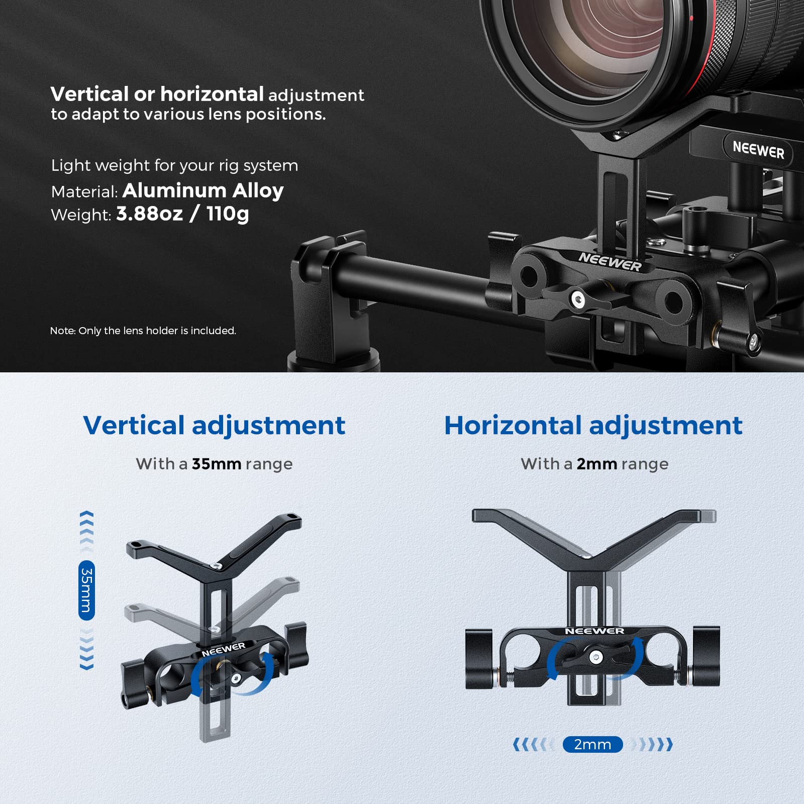 NEEWER Support de téléobjectif Long pour Objectif, avec Hauteur réglable de 35 mm, Compatible avec TILTA, Compatible avec NICEYRIG, Compatible avec SMALLRIG DSLR Appareil Photo épaule Rig Follow Focus