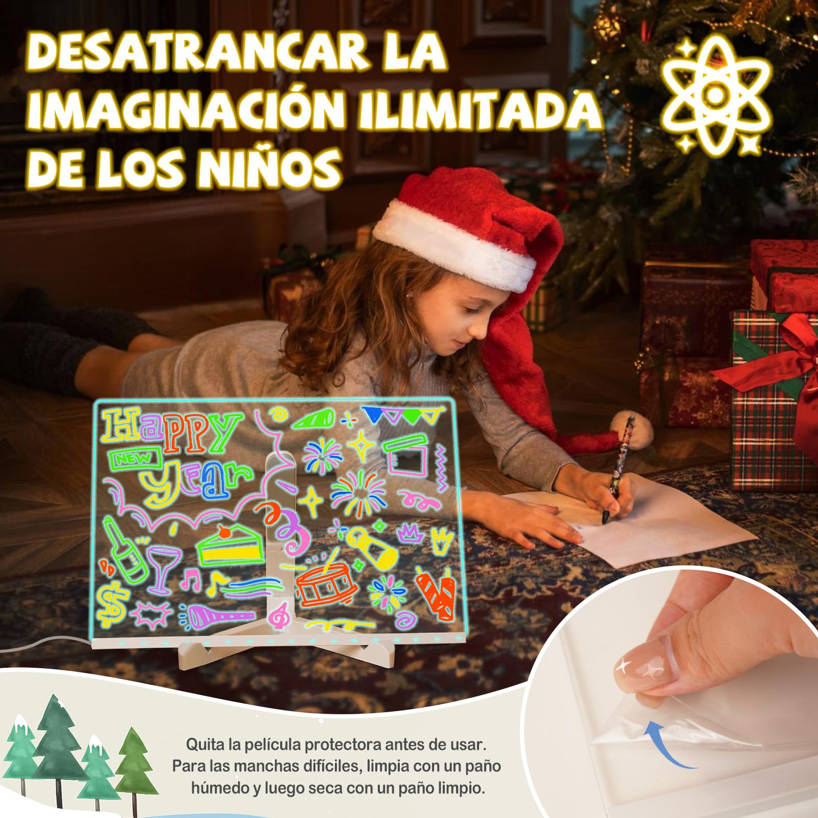 Lustaled Tablero de dibujo LED, tablero acrílico con luz LED para garabatos con bolígrafo de 7 colores, 30 x 20 cm con soporte, tablero mágico de mensajes de escritura LED para niños, tablero de notas