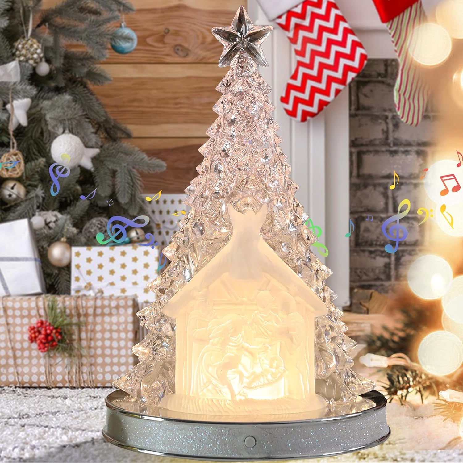 Small Christmas Nativity Tree White Acrylic Tree 12.6 Inch Tabletop Christmas Tree Vintage Christmas Decoration Battery Operated Mini White Christmas Tree with LED Lights Nativity Scene