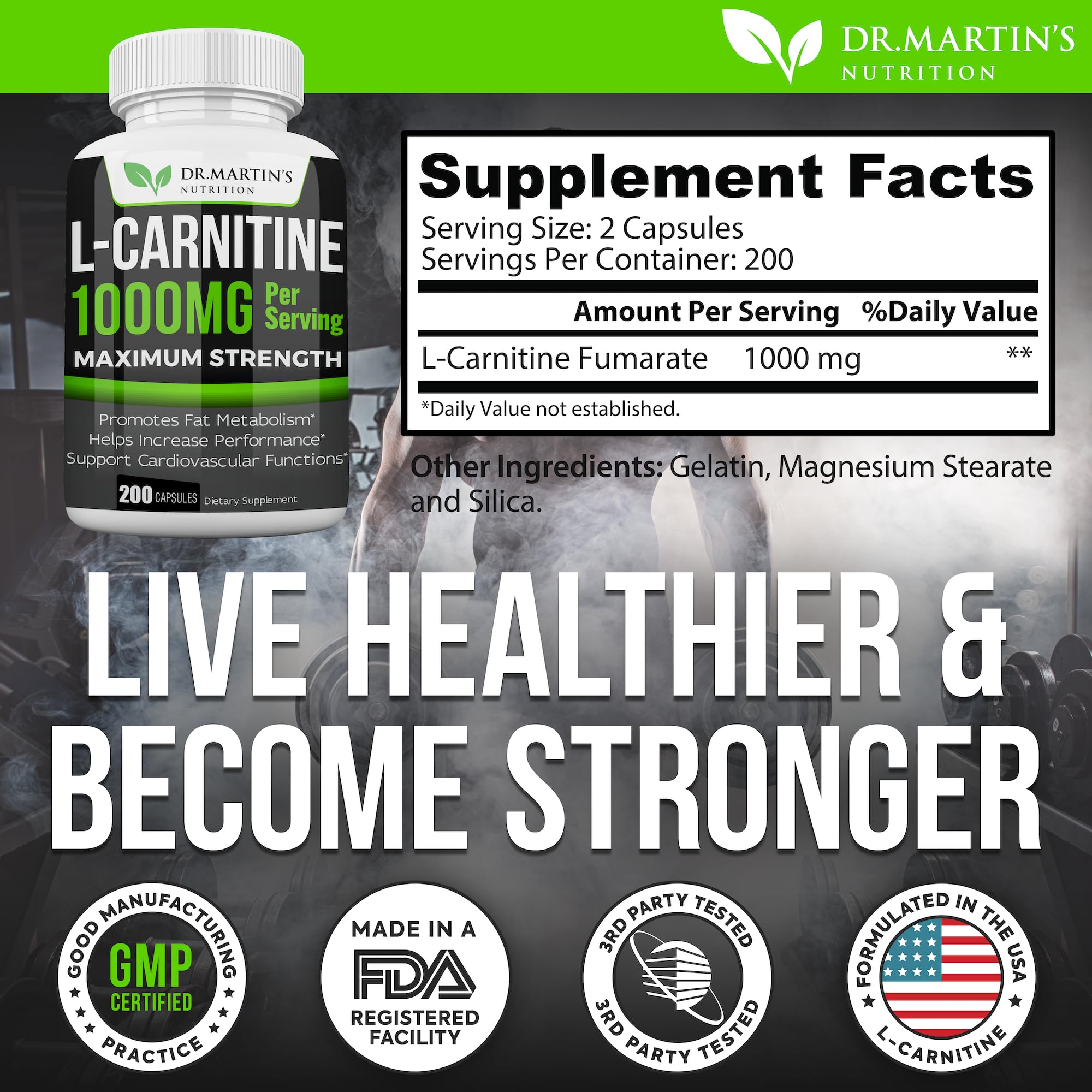 L-Carnitine 1000mg - 200 Capsules, Fat Metabolism Support USA Formulated — Amazon image 5