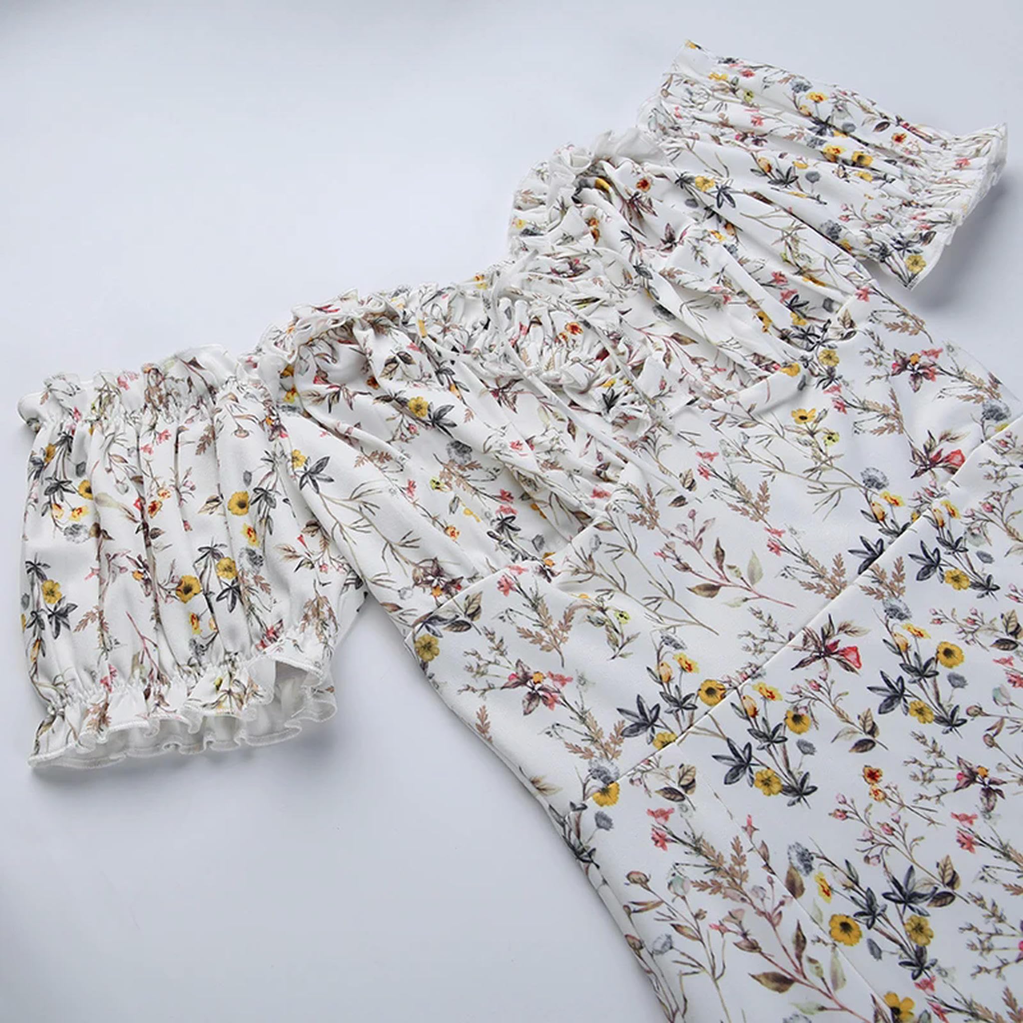 Vestito con Stampa Floreale per Donna, Elegante Abito Lungo con Spacco Alto, Vestito Estivo, Vestidos-Bianco-XS