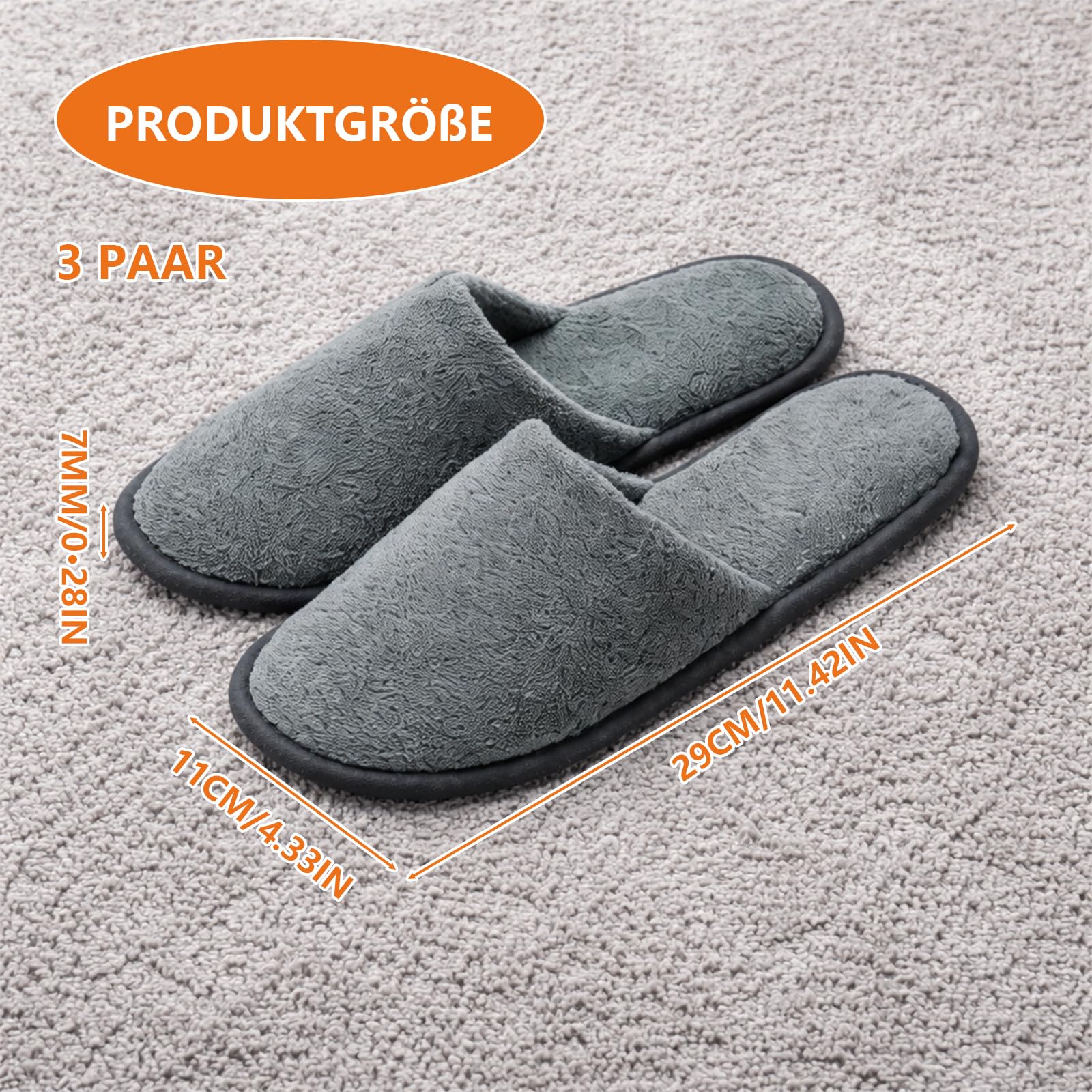 3 Paar Hotelslipper, Gästehausschuhe Set, Weiche Tragbar, Hotel Hausschuhe für Home, Reisen, Hochzeiten, Wellness-Bereiche und Partys, Grau