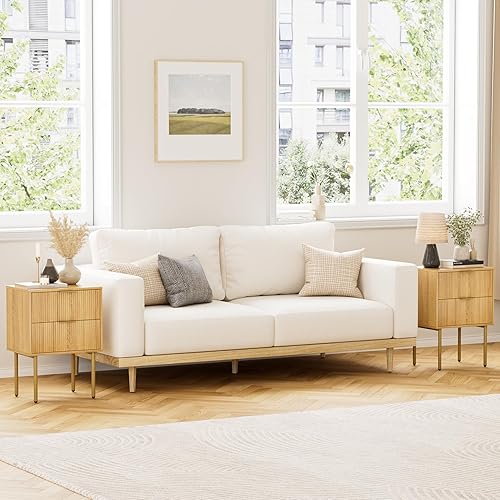 Miniatura 5 de Masupu Mesita de noche, mesita de noche moderna de mediados de siglo con 2 cajones de almacenamiento, mesa auxiliar pequeña con marco dorado para