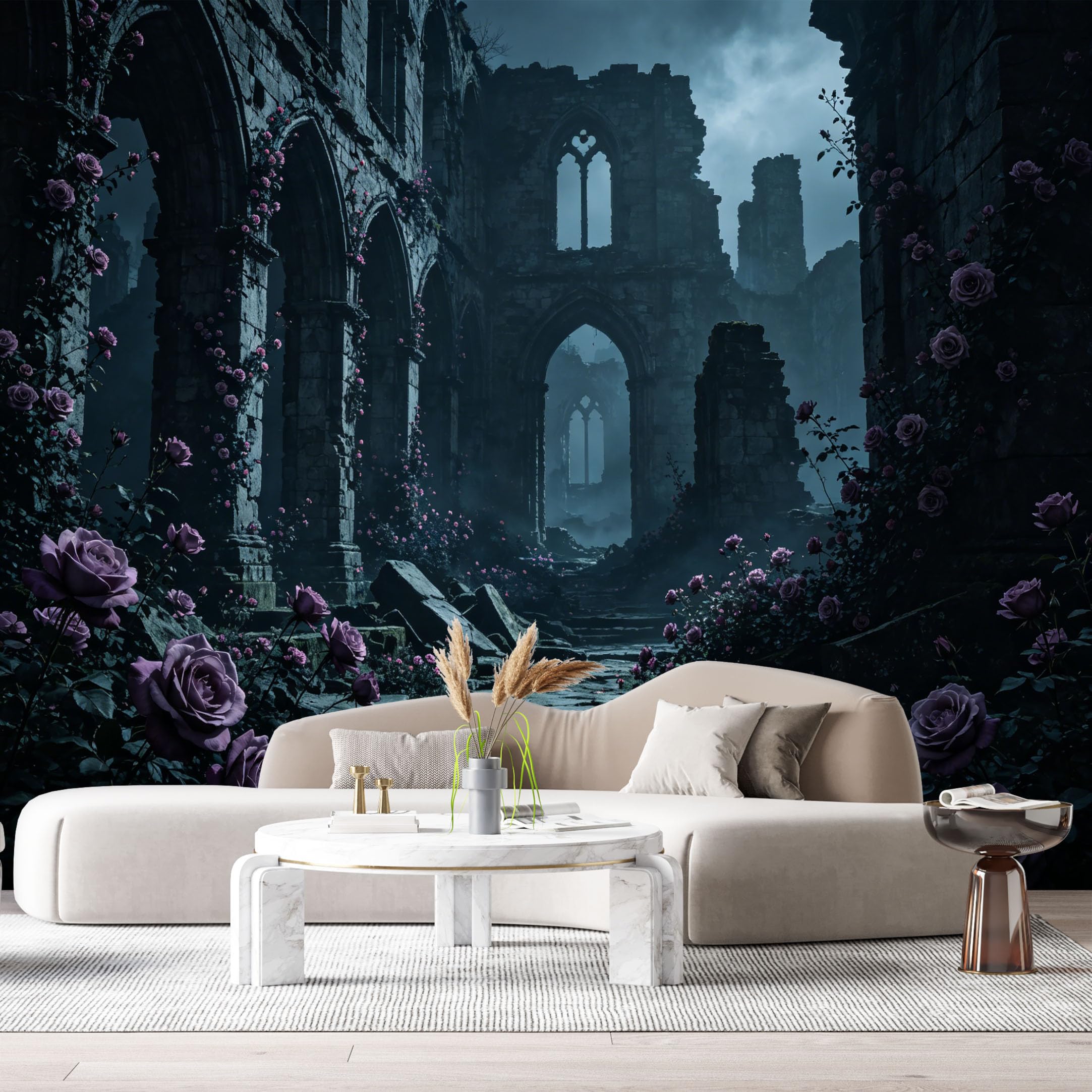 Custom Size Wall Murals Gothic Architecture Ruins Pink Flowers Vintage Oil Painting SelfAdhesive Wall Fabric Removable Large Wallpaper for Photo Living Room