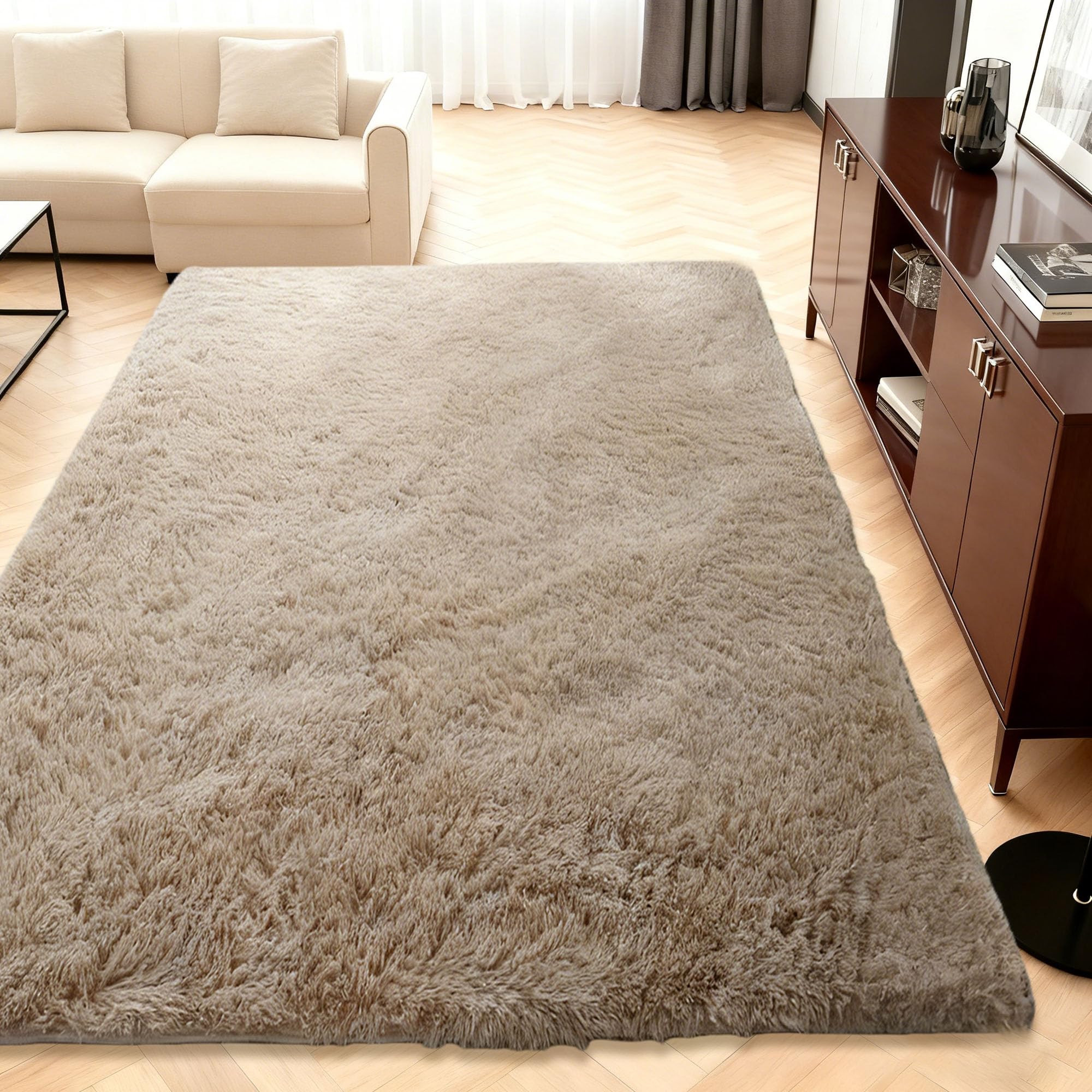 Grand Tapis de Salon 150 x 220 cm Moelleux Tapis Chambre Doux Moelleux et Lavable pour Lit Chambre Adulte Gris Ado Fille Ado, Chameau