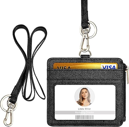 Miniatura 8 de Soporte para tarjetas de identificación con cordón soporte vertical de piel sintética con 1 ventana de identificación transparente 4 ranuras para