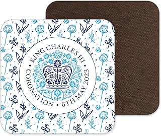 The Coronation 2023 - Coronation Coaster with Blue Official Emblem & Floral Design, The Coronation of King Charles III and The Queen Consort – 6th May 2023, Gift, Souvenir, Keepsake, Memorabilia
