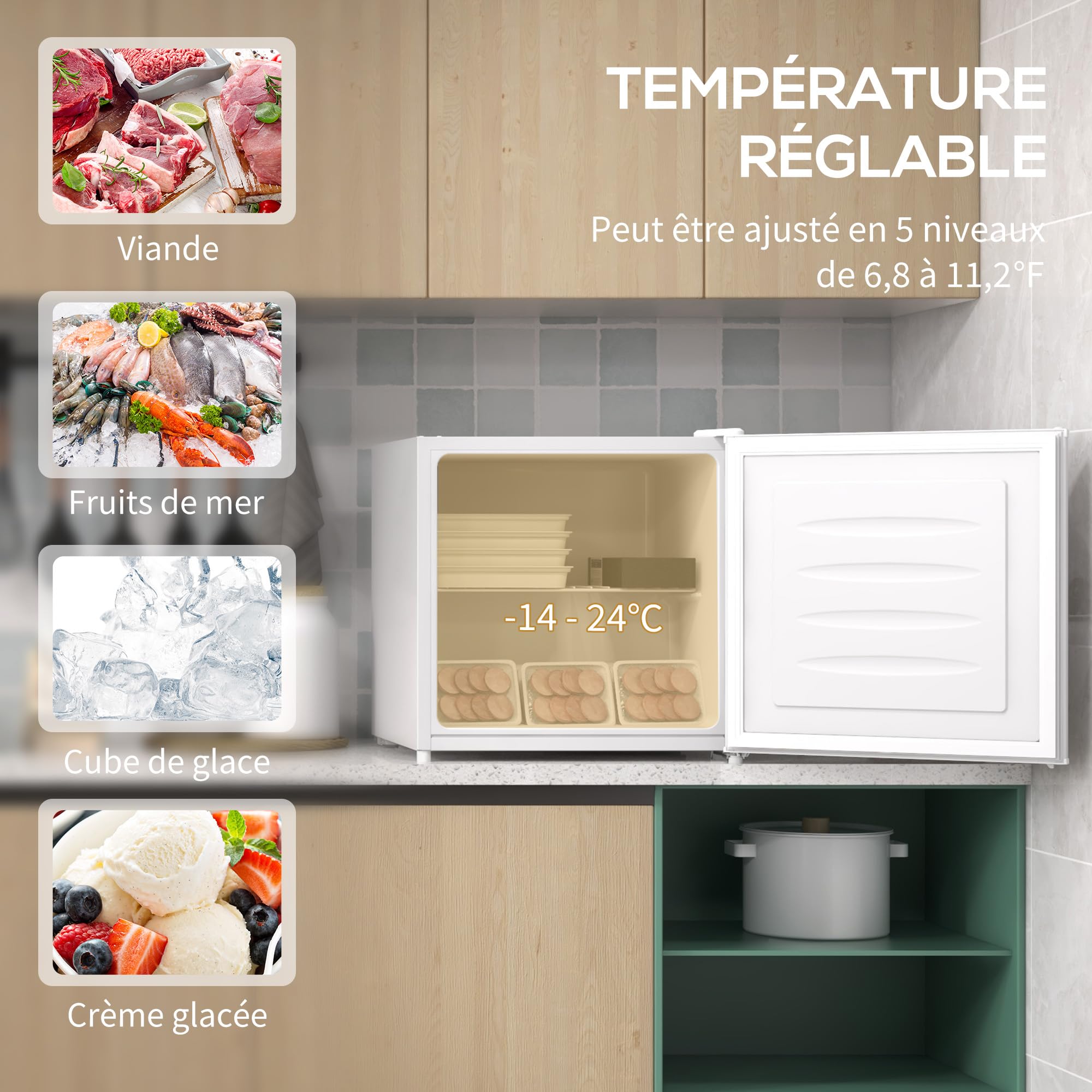 HOMCOM Mini congélateur 35L -14 à -24°C Compact étagère amovible Porte réversible Classe E 47x44,2x48,8 cm Blanc