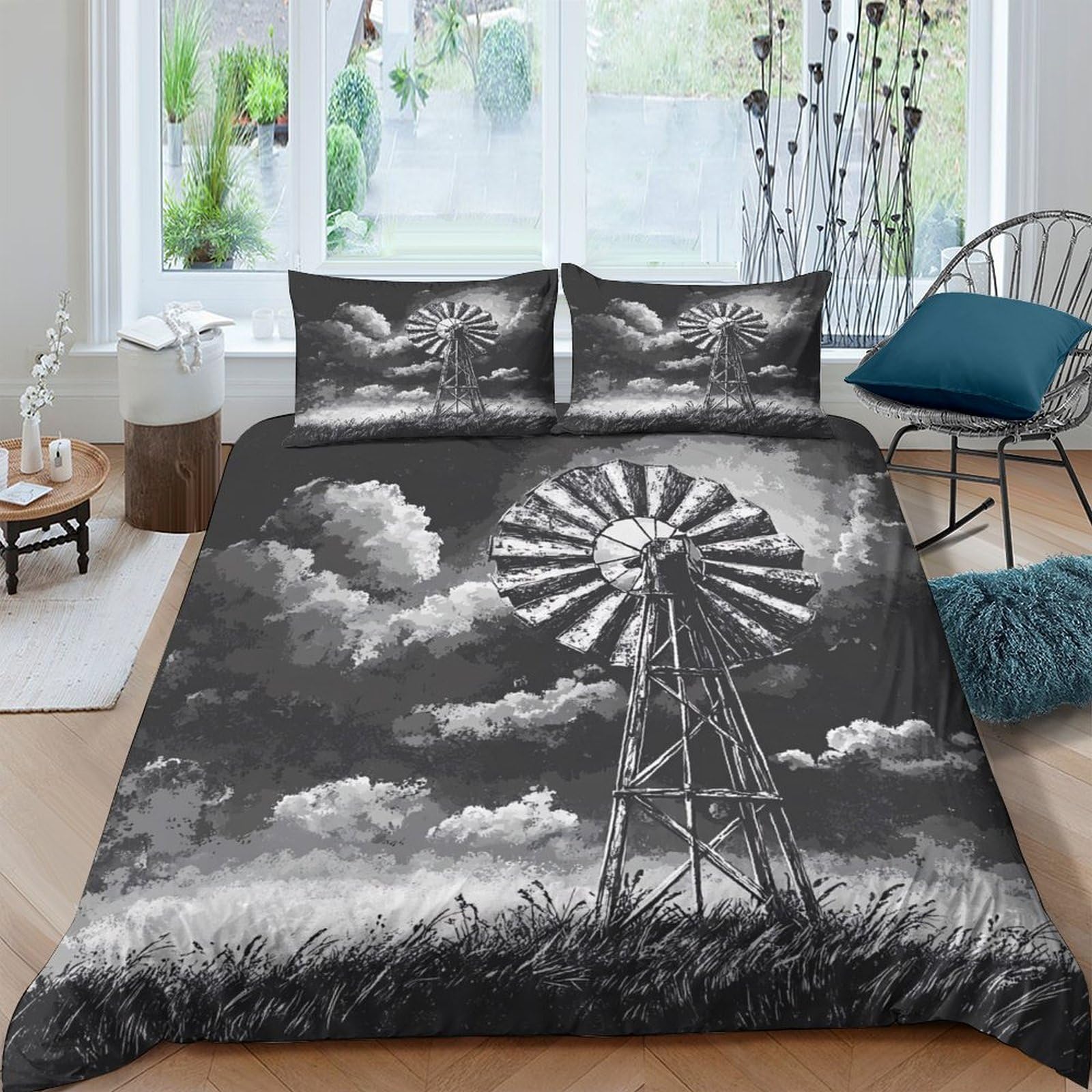 Ctjqhvkz Style-3 3D Printed Windmill Cloud Fitted Sheet Microfiber Soft Black White Landscape Bed Sheet For Bedroom Guest Room Decor Single（135X200cm）