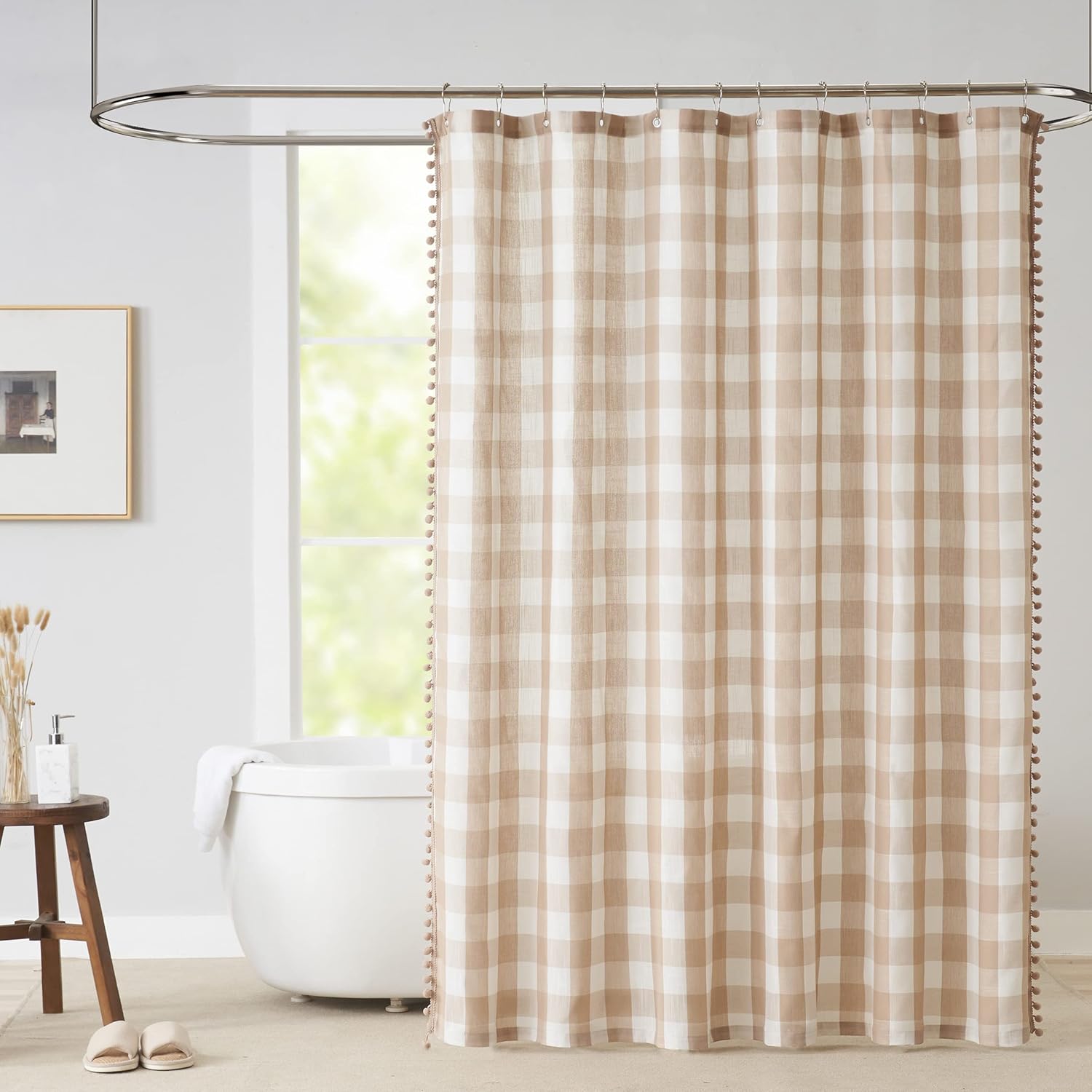VOILYBIRD Tan and White Buffalo Plaid Boho Shower Curtain for Bathroom 72” x 72”