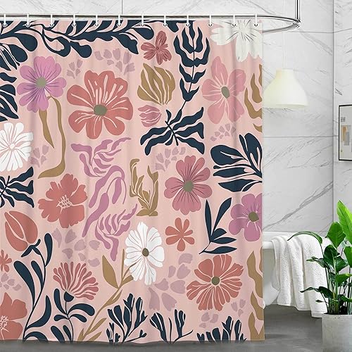 Miniatura 14 de Cortina de ducha botánica floral bohemia, bonita cortina de baño abstracta de mediados de siglo, flores modernas de mediados de siglo, primavera y
