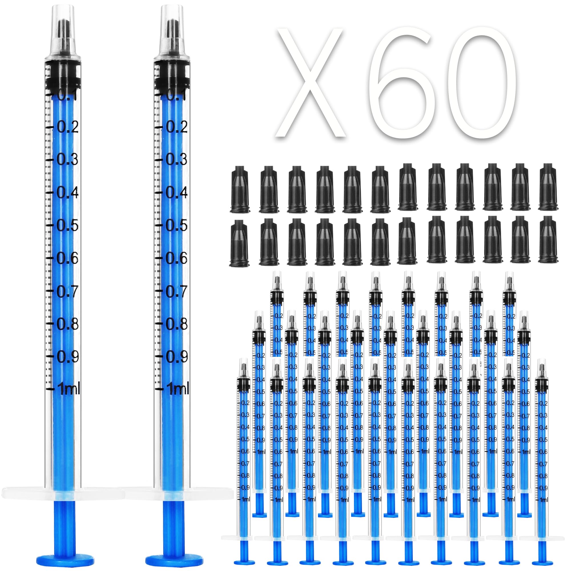60 Pack 1ml Plastic Syringes Separate Sterile Packaging Syringe Without Needle with Caps,Suitable for Scientific Labs Measurement, Measuring, Dispensing, Watering, Refilling (60 Pack 1ml)
