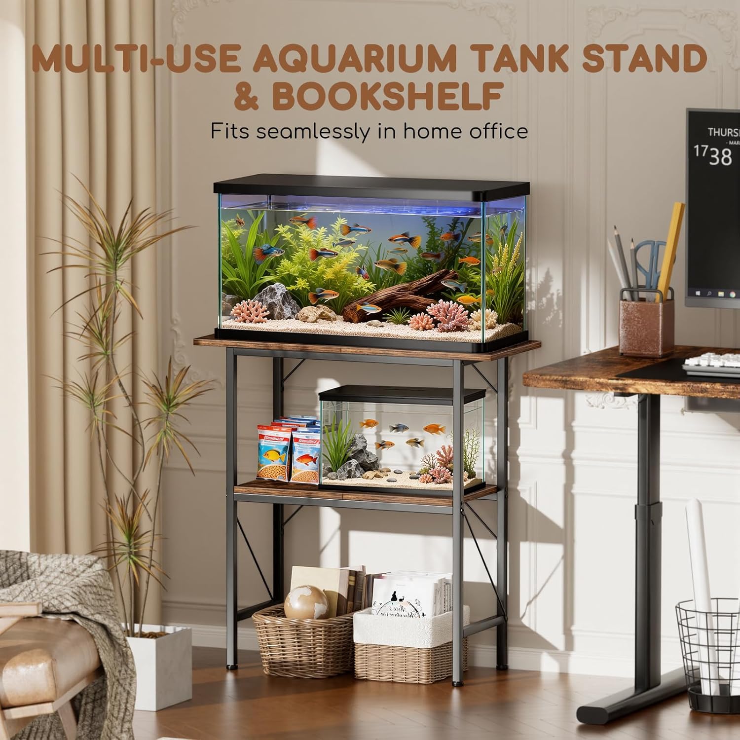 20-29-30 Gallon Fish Tank Stand with Storage Shelves, 2-Tier Aquarium Stand with Metal Frame, Heavy Duty Reptile Turtle Tank Stand for Home Office, 30" L x 11.8" W x 30.5" H, Rustic Brown