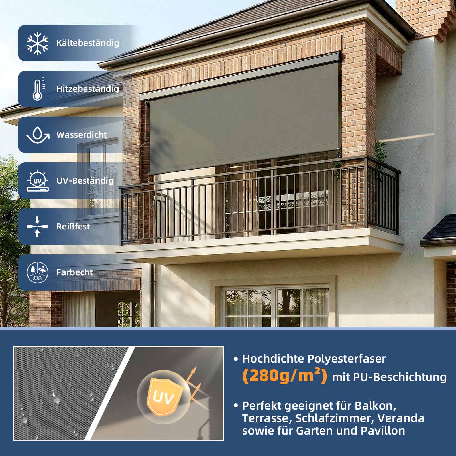 UDPATIO Senkrechtmarkise außen 160x250cm, Balkon Sichtschutz, Markise mit Handkurbel, Außenrollo Wetterfest Sonnenschutz, 280g/m² Balkonrollo aus Aluminium für Terrasse, Grau Wasserdicht