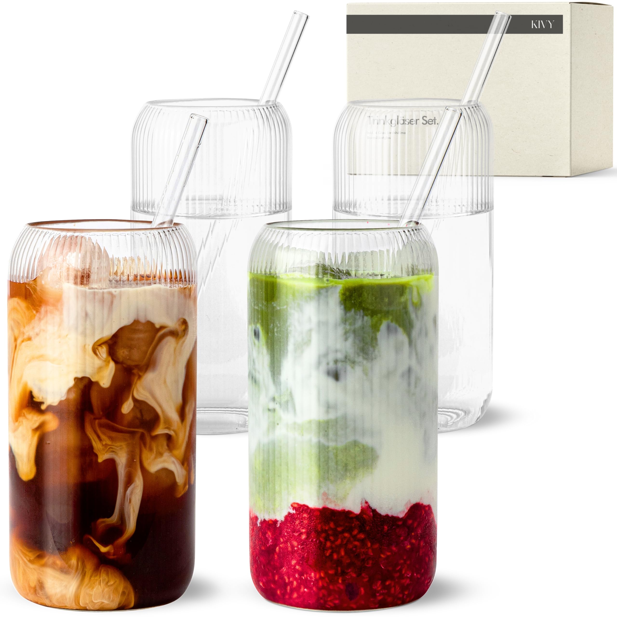 KIVY Zestaw 4 słoików ze słomką – Szklanki ryflowane Aesthetic – Iced Matcha – Szklanki do kawy mrożonej – 4 x 450 ml