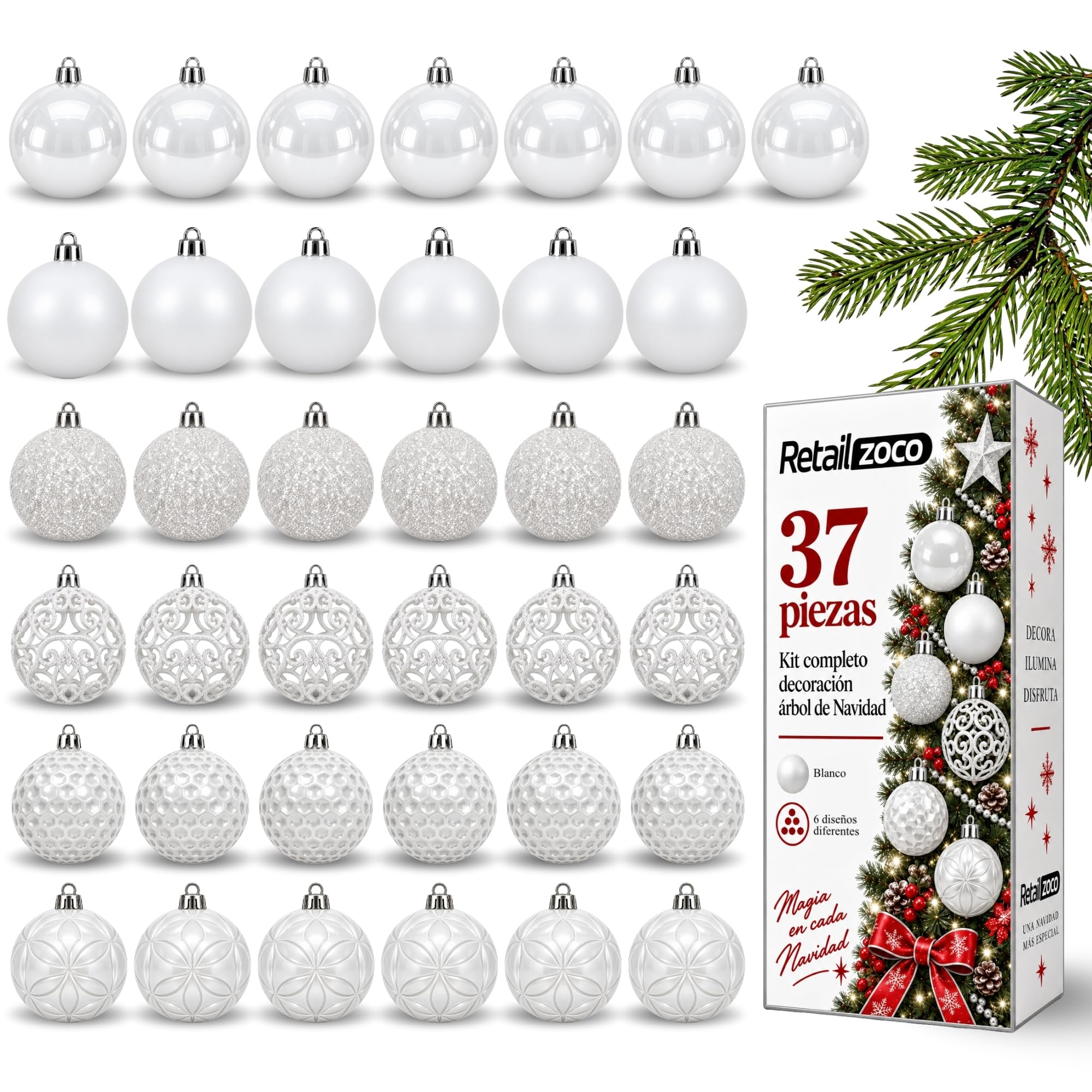 Bolas de Navidad, Adornos Arbol Navidad, 37 Piezas, Blanco - imagen 1