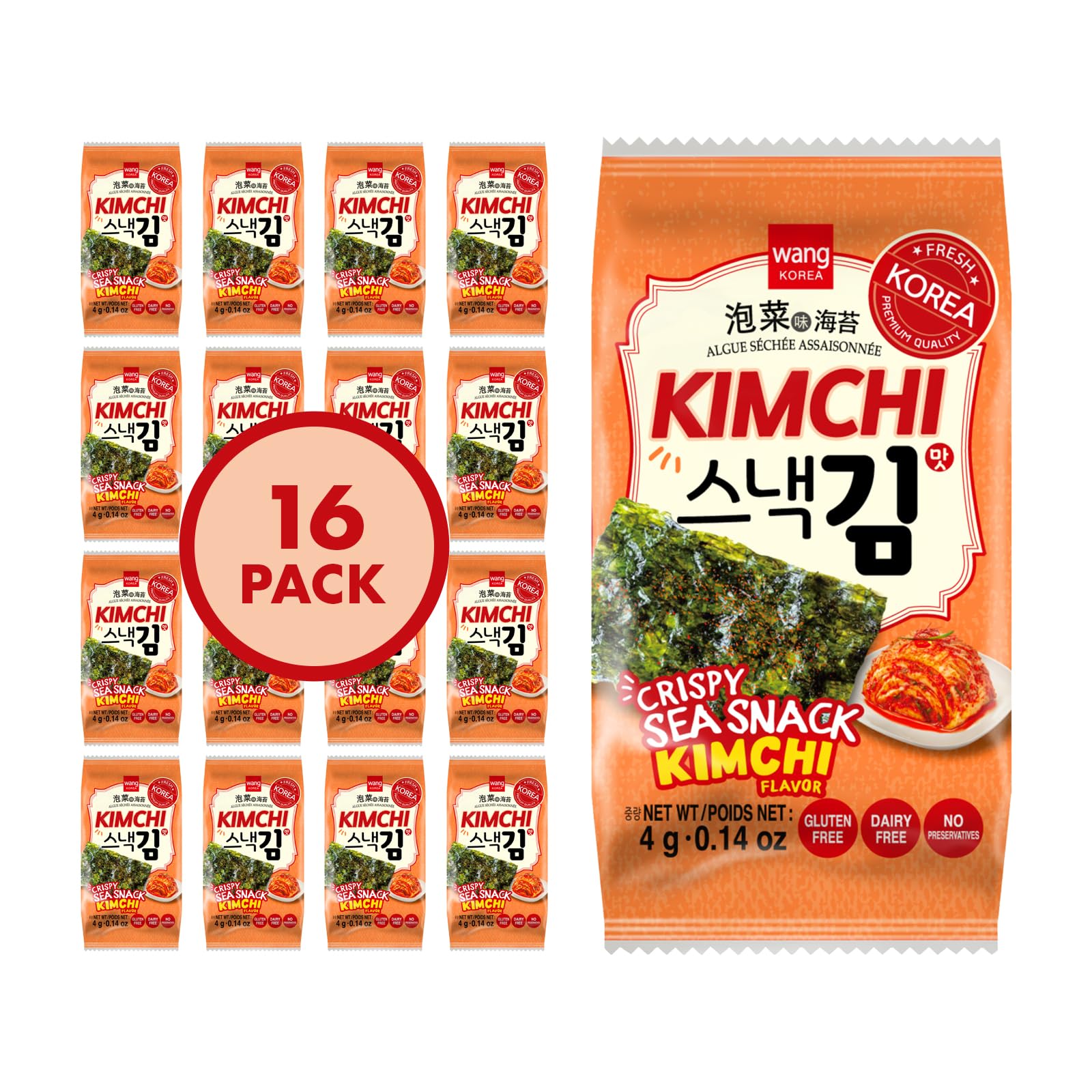 Wang Korean Seaweed Snacks Kimchi Flavor - Crispy Roasted Seaweed Sheets, Healthy Sea Weed Snack, Keto, Vegan, Gluten-Free - Pack of 16