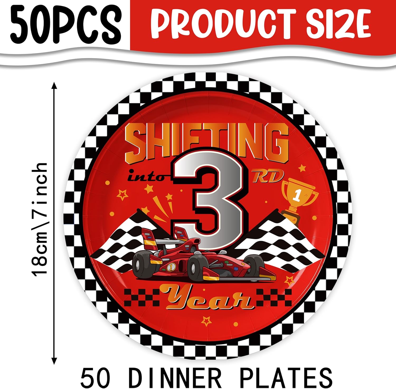50Pcs Shifting into 3rd Year Paper Plates, Happy 3rd Birthday Decorations, Can't Catch Me I'm Three Birthday Party Decorations, Cheers to 3 Year Old Racing Car theme Party Supplies - Image 2