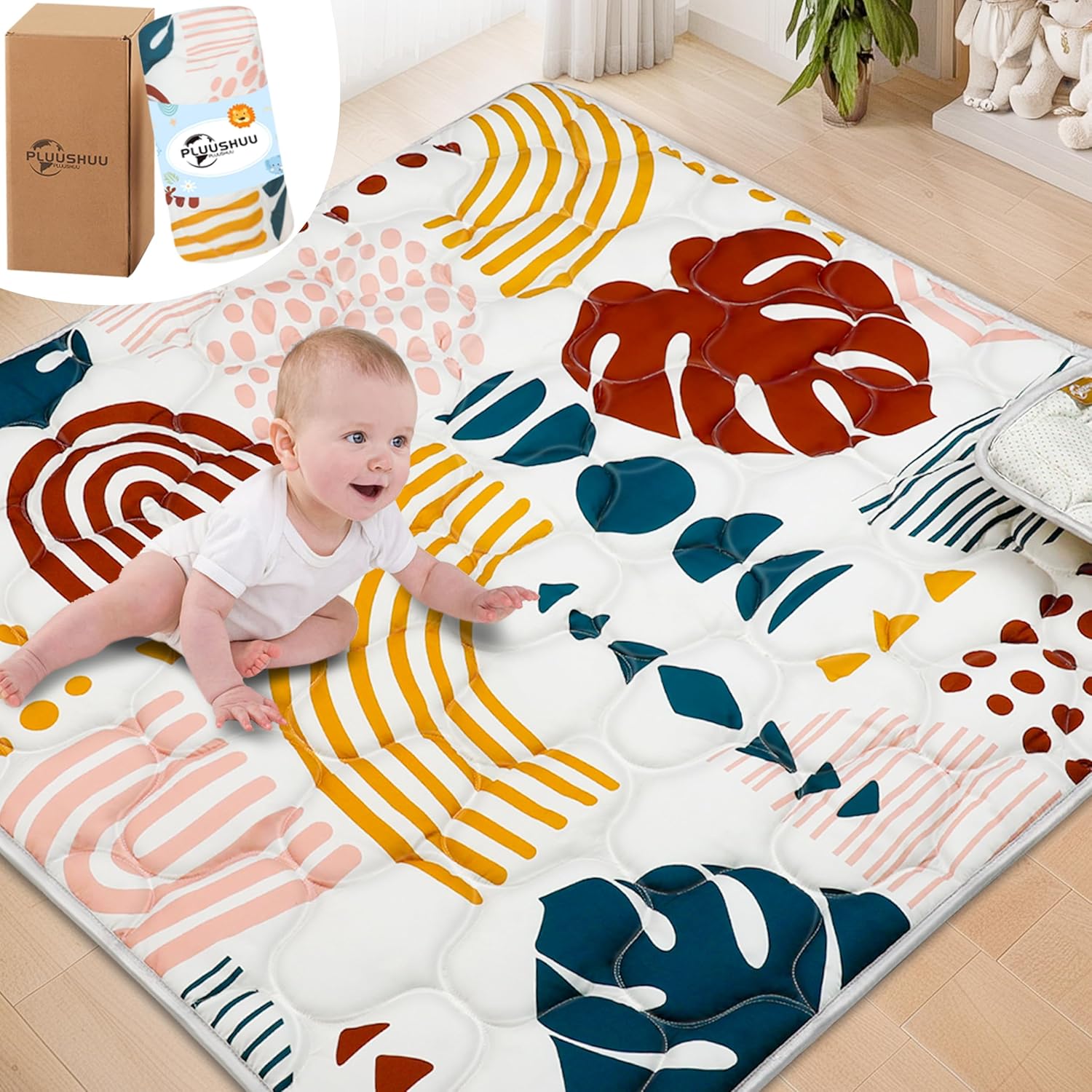 Baby Play Mats for Floor, 50x50 Playpen Mat for Babies, Extra Thicker & Soft Floor Crawling Mat, Foldable Non-Slip Playmat Cushioned for Infants Toddlers, Boho Leaf Design