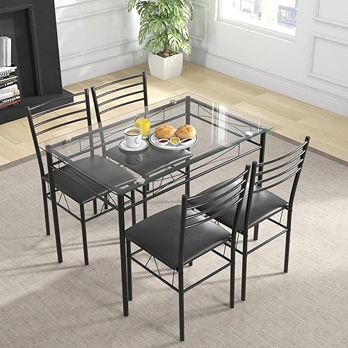 Miniatura 2 de Giantex Juego de mesa de comedor de 5 piezas, juego de comedor de cocina con mesa de vidrio templado y 4 sillas tapizadas, juego de comedor para 4