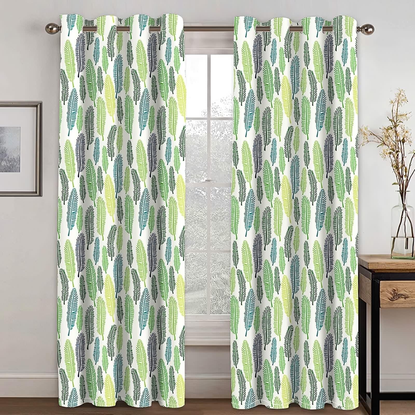 Rideau Anniversaire, Rideau Vert Occultant Polyester Motif de Feuille Décoration Chambre Salon 107L x 229H CM Lot de 2