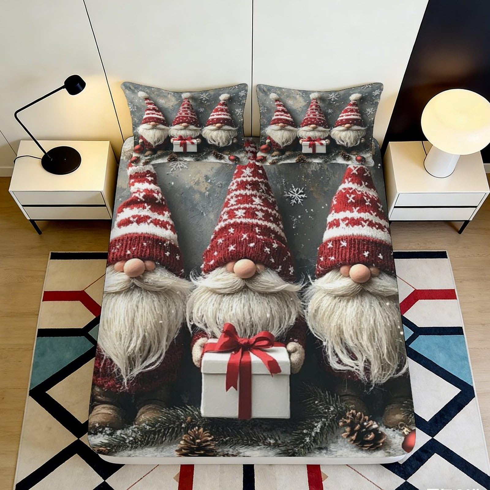 3D Printed Christmas Gnome Fitted Sheet Microfiber Soft Festive Snowflake Bed Cover for Bedroom Guestroom Decor 90x200x25cm