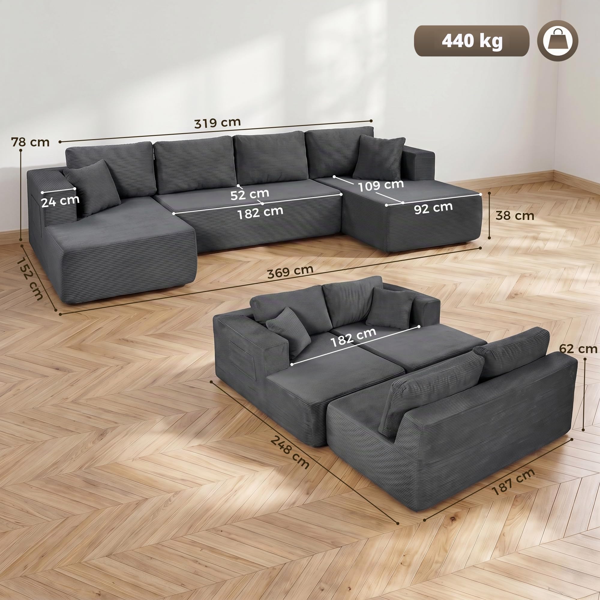 HOMCOM Canapé Modulaire en U Compressé 4 Places 2 Méridiennes Gris