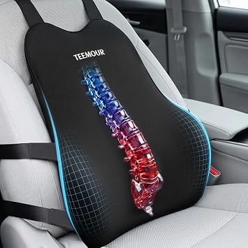 Teemour Lumbar Support Pillow for Car Seat, Memory Foam Back Support Pillow with Adjustable Straps, Medium Soft Car Back Cushion for Driving, Truck, SUV, Office Chair, Black