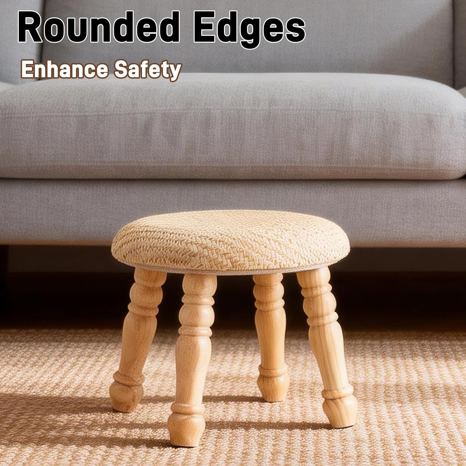 Round Foot Stool, Small Pouf Ottoman with Natural Rattan, Boho Footrest Wooden Stool for Couch, Step Stool for Living Room Bedroom Entryway Hallway Patio