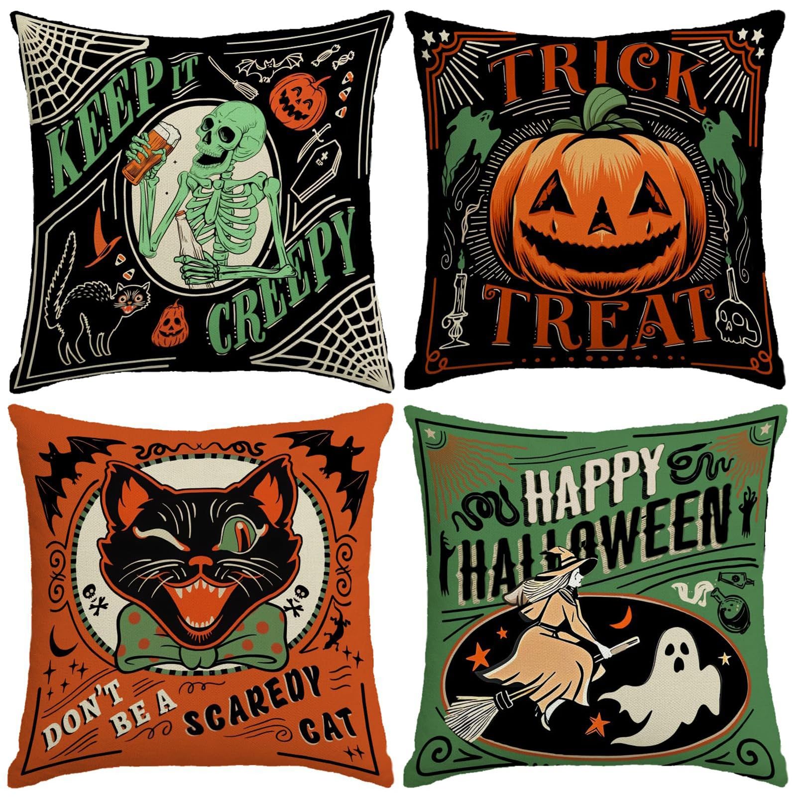 Pasisuu Halloween Pillow Covers 4 Pack – Retro Linen Throw Pillow Cases 45x45cm, Decorative Halloween Cushion Covers for Sofa Couch Home Decor [object Object]