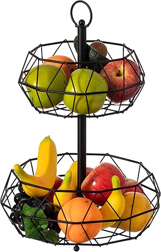 Cesta de frutas de 2 niveles para encimera de cocina Organizador de almacenamiento de frutas estable de acero al carbono desmontable para panes,