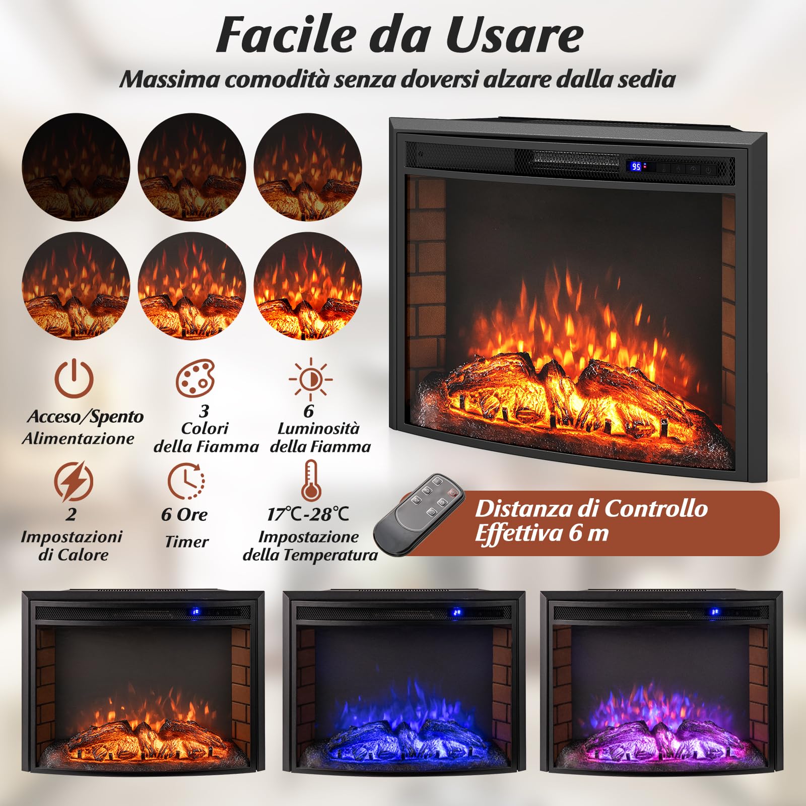 RELAX4LIFE Camino Elettrico da Incasso, Effetto Fiamma, Caminetto con Riscaldamento, 2 Modalità Operative, 3 Colori, 6 Livelli di Luminosità, con Telecomando, Funzione Silenziosa