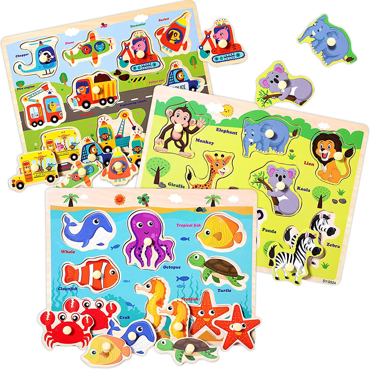 KASTWAVE Wooden Peg Puzzles for Toddlers, KASTWAVE Kids Educational Learning Toys Preeschool Peg Puzzles Toy, 3 Pcs Toddler Puzzles Set - Traffic, Animals and Ocean, Great Gift for Girls and Boys