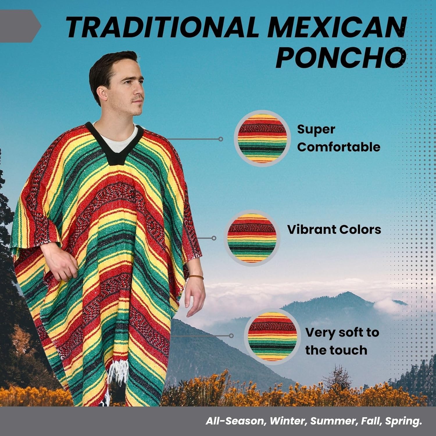 Artisans Bazaar Traditional Mexican Baja Poncho Men and Women Authentic Gaban Serape Sarape Blanket Pancho Jorongo Cowboy - Image 2