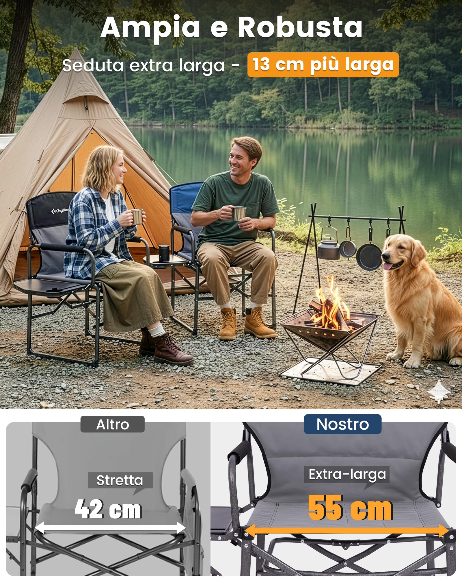 KingCamp Compatta Sedia da Regista Camping Pieghevole, Fino al 200 kg | Sedia da Campeggio Imbottita, Tavolino Laterale, Pacchetto Piccolo, Sedie da Pesca Portatile per Campeggio Spiaggia Giardino