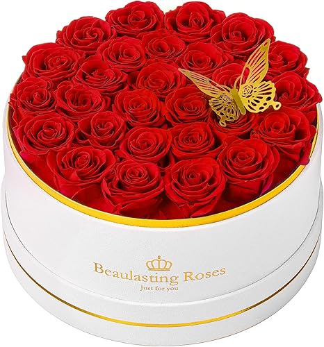 Rosas preservadas flores eternas rosas reales en una caja Día de la Madre cumpleaños flores para ella mamá mujeres esposa Día de San Valentín, rojo,