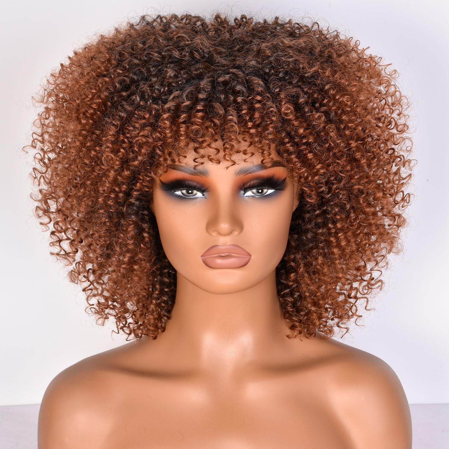 Lizzy 10 Inch Afro Curly Wigs for Black Women Synthetic Afro Wig with Bangs Heat Resistant Short Kinky Curly Wigs for Cosplay and Daily (Black to Brown)