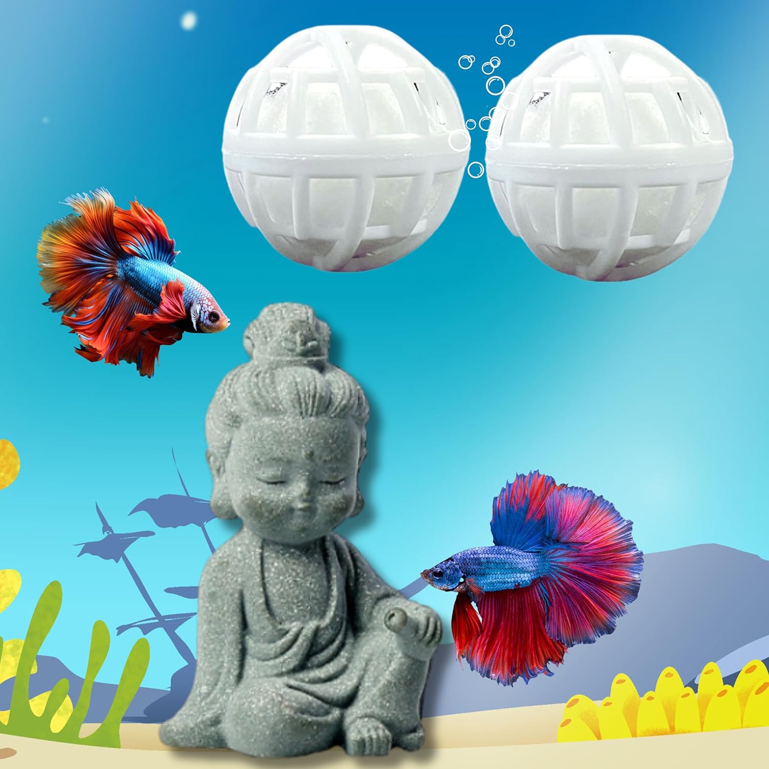Aquarium Buddha Fish Tank Decor Statue and 2pcs Nitrifying Ball, Buddha Betta Tank Decor, Aquarium Decorations Ornament, Zen Tanks Decors, Zen Fish Tank Decorations (S, Buddha)
