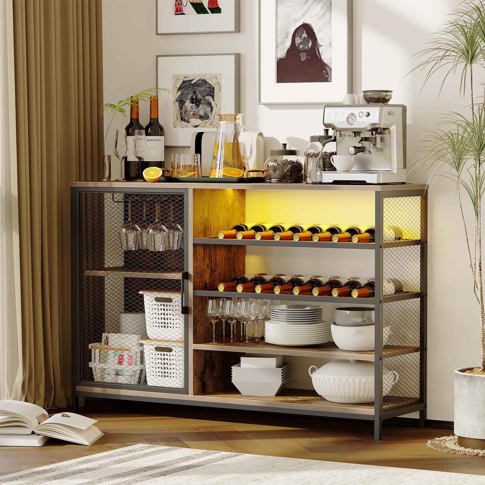 Wine Bar Cabinet with Power Outlets &amp; RGB LED Lights, Small Sideboard and Buffet Cabinet with Mesh Door, Coffee Bar Cabinet with Glass Holder for Kitchen, Living Room, Dining Room