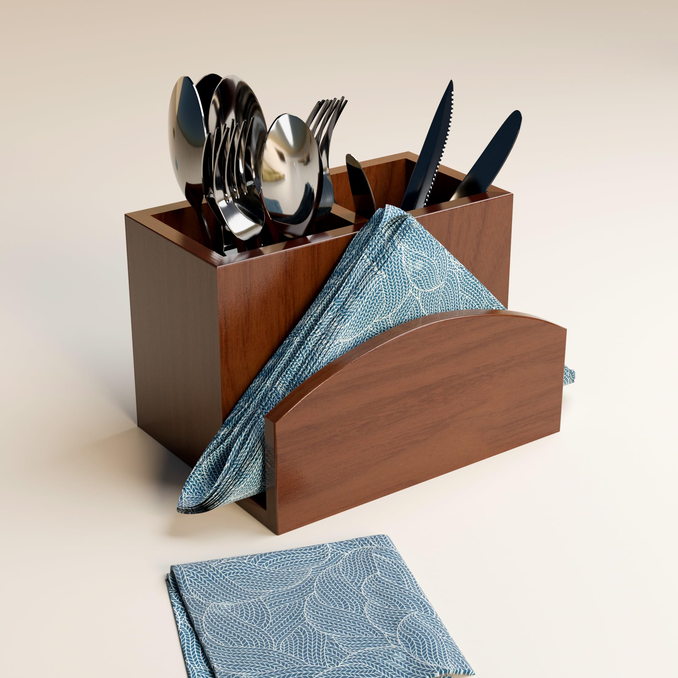Blink & Buy® Sheesham Cutlery Holder | Utensils Holder Natural Finished | Handcrafted Cutlery Case 5 Partitions | 8 Inches | Knife and Spoon Stand for Dining Table | Tissue holder. (3 Partition) 3