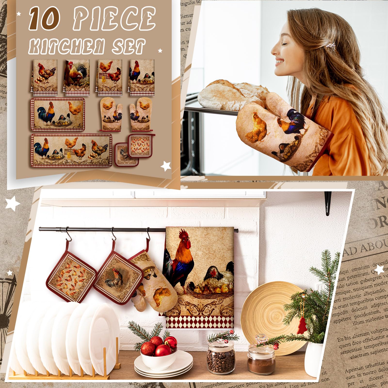 Fourluoo 10 Pcs Rooster Chicken Kitchen Dish Towels Rugs Oven Mitts and Pot Holders Sets Farmhouse Rustic Rooster Kitchen Decor Set for Cooking Baking Grilling Women Mom Daughter Gift(Brown)
