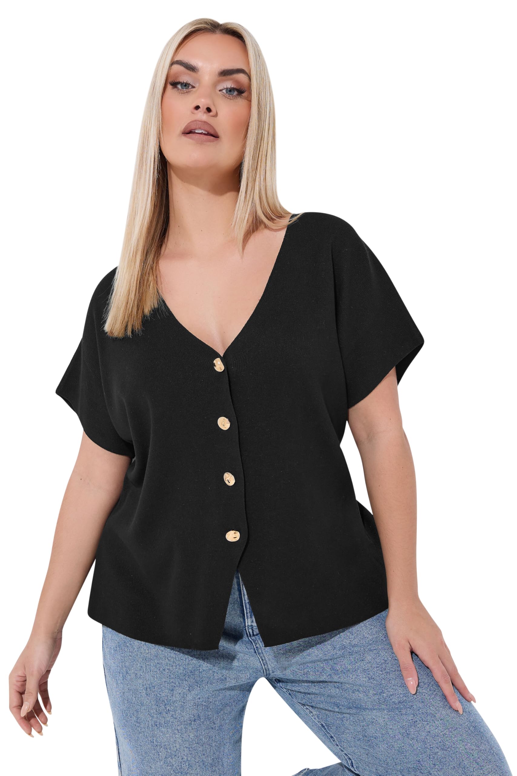 Yours Women's Black Short Sleeve Knitted Top In | Size: 16