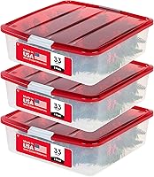 IRIS USA 33 Qt Christmas Wreath Storage Bins 3-Pack: Stackable Under Bed Organizer with Latching Buckles for 20" Wreaths & Holiday Decor, Clear/Red