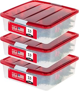 IRIS USA 33 Qt Christmas Wreath Storage Bins 3-Pack: Stackable Under Bed Organizer with Latching Buckles for 20" Wreaths & Holiday Decor, Clear/Red