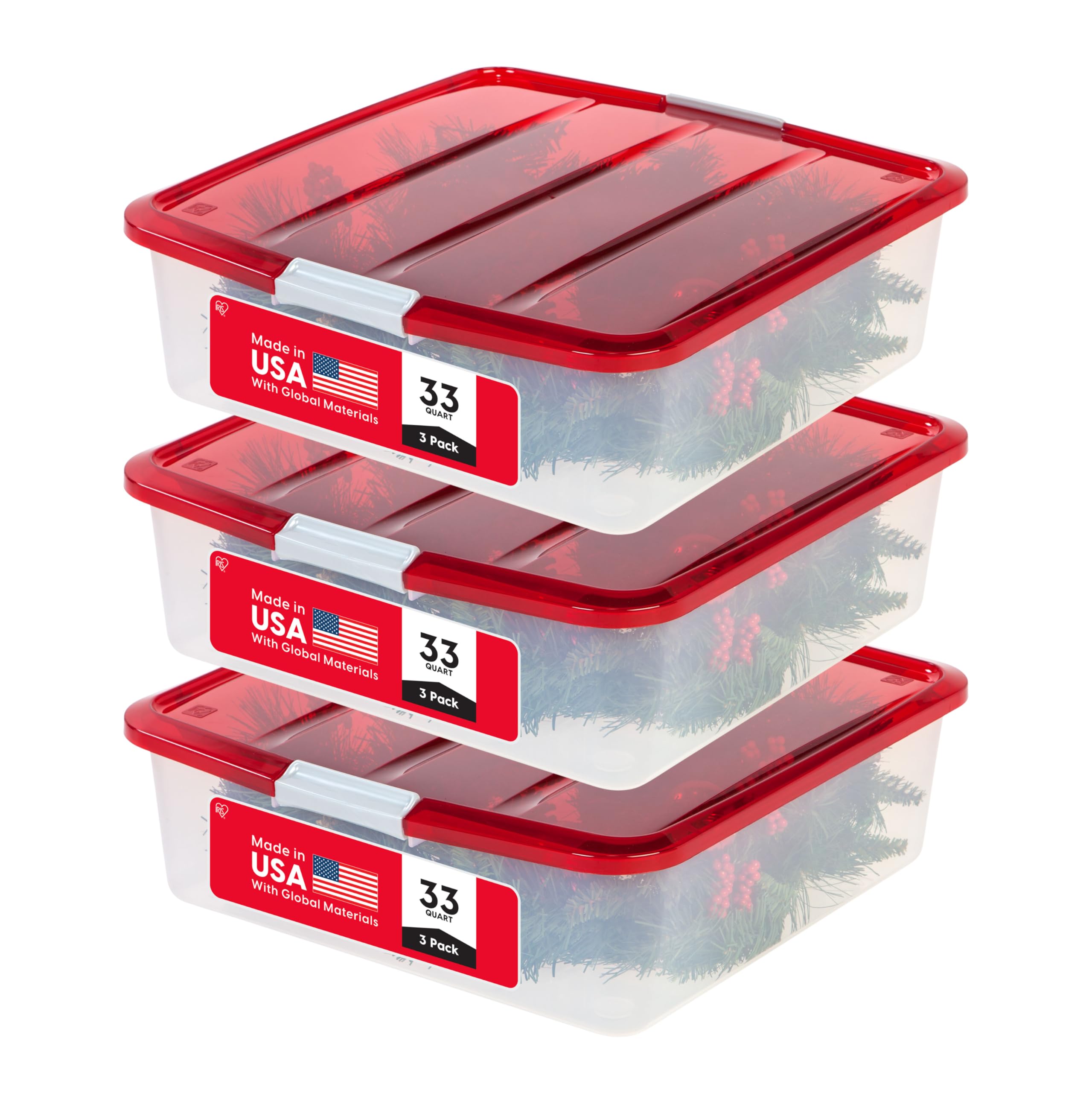 33 Qt. Holiday Wreath Storage Container Box with Lid, 3-pack, Stackable Under Bed Storage Organizer Bin with Latching Buckles for 20" Wreaths Festive Holiday Decorations Garlands, Clear/Red