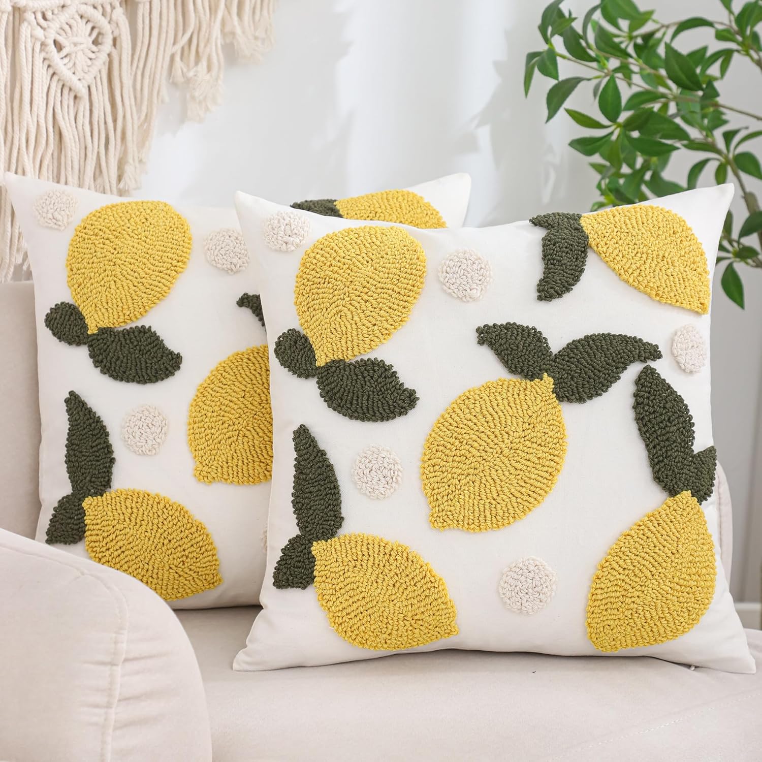 Embroidered Throw Pillow Covers 18x18 Pack of 2 Yellow Lemon Pillow Cushion Cases Farmhouse Decor Square Tufted Pillowcases for Spring Summer Sofa Couch Bedroom