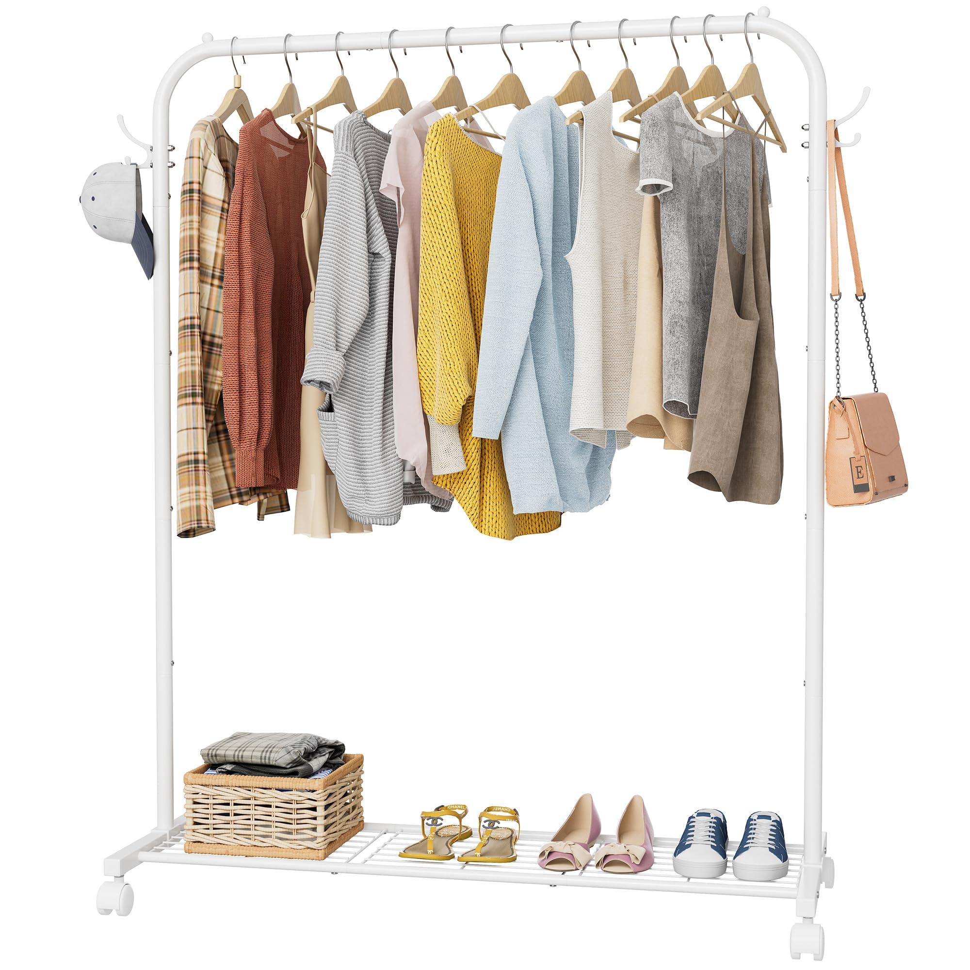 HOMIDEC Clothes Rail, Portable Clothes Rack with Hook and Metal Storage Shelf, Heavy Duty Clothes Rail on Wheels, Clothes Rails for Bedroom, Hanging Rails for Clothes, Holds up to 40 kg, WhiteHOMIDEC Clothes Rail, Portable Clothes Rack wit…