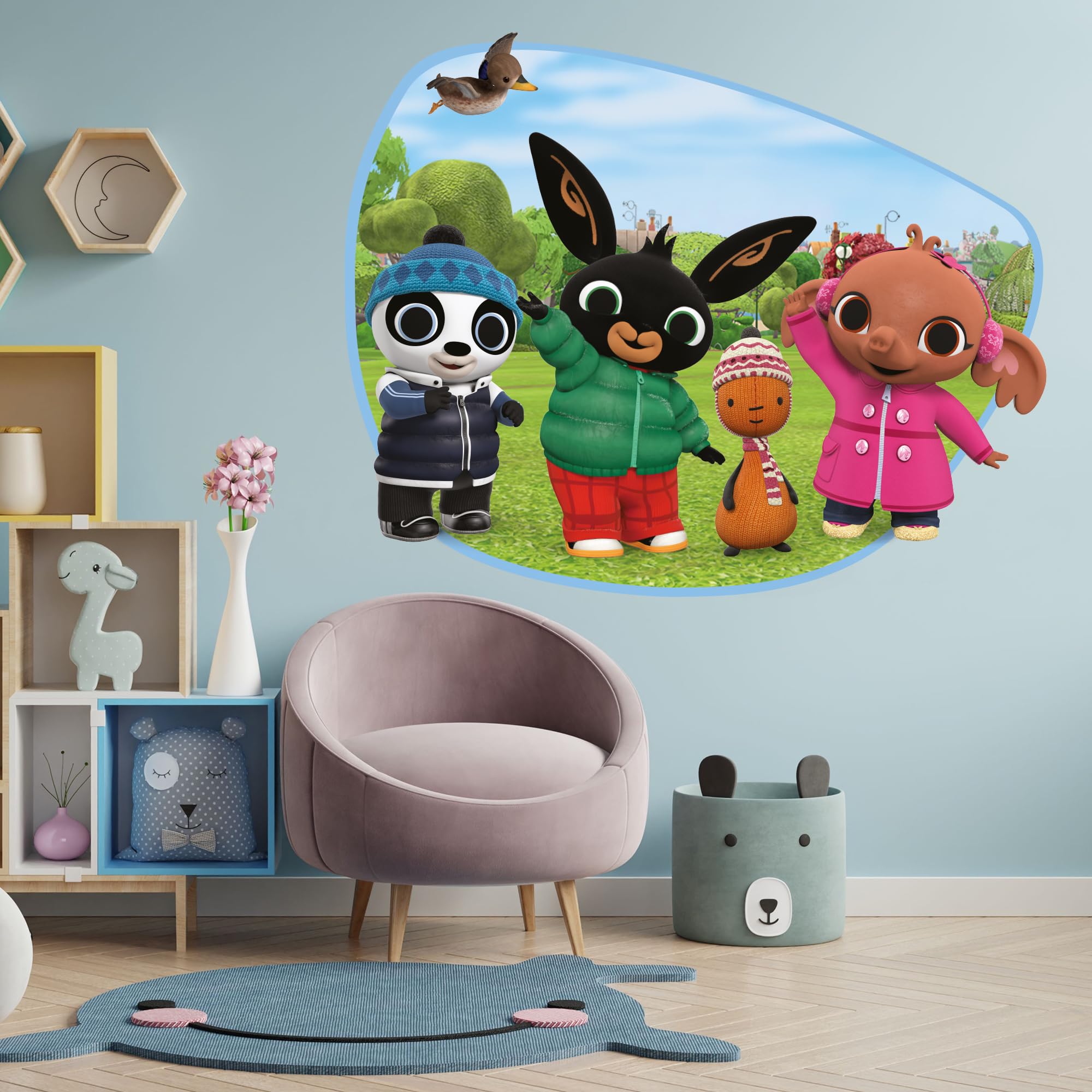 Themed Bing Wall Sticker - Bing Bunny And Friends Outside Waving Wall Decal Kids Art (60Cm Width X 50Cm Height)